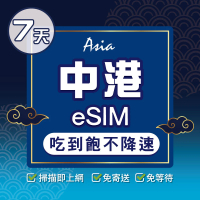 【環亞電訊】eSIM中國、香港07天吃到飽不降速(大陸網卡 香港網卡 中國聯通 吃到飽 不降速 免翻牆 eSIM)