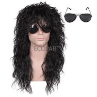 70s 80s Wig with SunGlass for Men Black Curly Wig Natural Hair Male Wig 80s Costume Halloween Wig Cosplay Wigs Fancy Party Wig