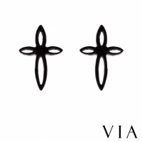 【VIA】白鋼耳釘 白鋼耳環 十字架耳環/符號系列 縷空線條十字架造型白鋼耳釘(黑色)