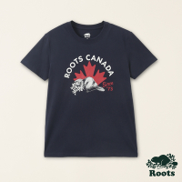 Roots女裝-加拿大日系列 手繪海狸有機棉短袖T恤-軍藍色