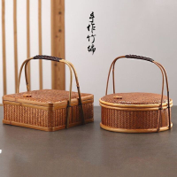 加厚古代傳統純手工竹編複古食盒收納盒茶具手提籃月餅茶餅包裝盒