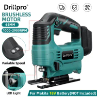 Drillpro 2900RPM 65mm 18V Brushless Jig Saw Electric Jigsaw Adjustable Blade Woodworking LED Power Tool for Makita 18V Battery