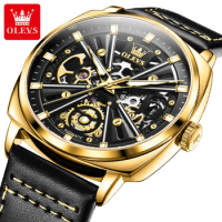 OLEVS 6685 Mechanical Fashion Watch Gift Genuine Leather Watchband Round-dial Luminous