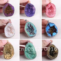 Crystal Stone Necklace Natural Agate Geode Minerals Healing Pendant Jewelry Female Pendant Sweater Chain Amethyst Hole