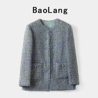 [米蘭精品] 西裝外套毛呢西服-小香風輕奢摩登氣質非凡女外套霧霾藍色74je54