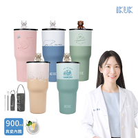 【IKUK 艾可】 真陶瓷保溫杯-真陶瓷吸管杯冰霸杯900ml贈5件組(吸管杯/陶瓷保溫瓶/大容量保冰杯/飲料環保杯)