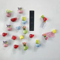 New Creative Mini Ceramics Vase Fridge Magnets Label Bonsai Magnet Button Potted Simulation Flower Vase Refrigerator Message DIY