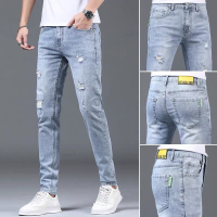 กางเกงยีนส์สีอ่อนสำหรับผู้ชายเสื้อผ้าแนวสตรีทแบบสลิมฟิตสำหรับฤดูใบไม้ร่วงกางเกงขายาวลำลองแบบบางฉบับภ