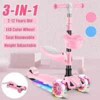 3 in1 Children's Kick Scooter 3 Wheels Folding Baby Flash Rideable and Slippery Scooter with Adjustable Handlebar for Children