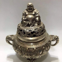 9'' bronze silver plating auspicious clouds bat dragon lucky buddha censer
