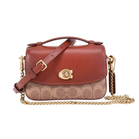 COACH 專櫃款 CASSIE 17 經典 SIGNATURE 拼接皮革帆布斜背包(鞣革褐色)
