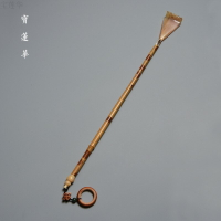 紅湘妃竹柄鑲花牛角不求人癢癢撓 中式文玩清供 茶道抓癢竹制癢扒