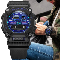 CASIO卡西歐 G-SHOCK 虛擬實境 金屬質感 科幻藍指針雙顯錶 GA-900VB-1A 黑色