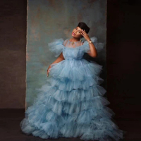 Fluffy Pale Blue Tulle Africa Prom Ball Gowns See Thru Ruffles Tiered Mesh Formal Party Dresses Floor Length Puffy Prom Dress