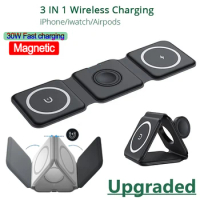 30W 3 in 1 Magnetic Portable Wireless Charger Pad for iPhone 15 14 13 12 Pro Max Apple Watch AirPods Fast Charging Dock Station