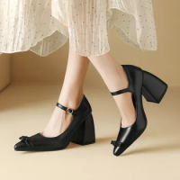 Size 32-48 Pointed Chunky Heeled Large Size Women Shoes Bow 9.5cm High Heel Shoes