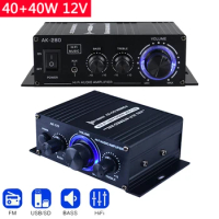 AK280 HIFI Digital Stereo Audio Power Amplifier 2Channel 12V 40W+40W FM Radio Mic Car Mini Sound Amplificador Board Home Theater