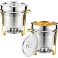 Soup Chafer7 /11 QT Stainless Steel Round Soup Warmer, Large Marmite Soup Chafer with Pot Lid and Fuel Holder in Gold2 packs