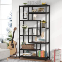 Tribesigns 8-Shelves Staggered Bookshelf, Rustic Industrial Etagere Bookcase for Office, Book Shelves Display Shelf Organizer