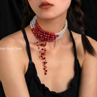 Multilayer Imitation Pearl Necklace Choker for Women Red Beads Tassel Short Neck Chain Halloween Party Jewelry Bloody