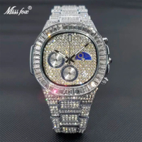 MISSFOX montre luxe homme Ice Out Diamond Three Dial Men's Chronograph Watch Moon Phase Quartz Wristwatch Dropshipping