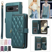 Fashion Long Lanyard Flip Leather Phone Case for Google Pixel 8 Pro 7 6 Zipper Wallet Card Cover Google Pixel 7A 6A Coque Etui