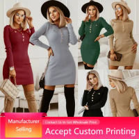 Women's Pencil Dress Bodycon Sexy Sweater Dress Ribbed Knit Bodycon Round Neck Long Sleeve Pack Hip Button Waist Dress