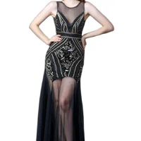 Women Vintage 1920s Great Gatsby Dress Flapper Party Maxi Evening Dress Sexy V Back Sleeveless Beaded Sequin Mesh Dress