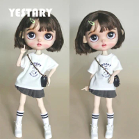 YESTARY BJD 1/6 Doll Clothes Tops Print White T-shirt Pleated Skirt For Ob24 Blythe Doll Accessories Blythe Clothes Toy For Girl