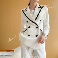 Tesco White Women's Suit Long Sleeve Blazer+Long Pants Patchwork Formal Pantsuit For Office Lady Casual Female Outfits 2 Piece