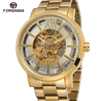 FORSINING mechanical watch mechanical movement mechanical watch circular steel band watch gold alloy watch gold