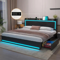 King Bed Frame with Storage Drawers and LED Lights, Pu Leather Platform Bed King Size with Headboard Storage, Type-C &amp; USB C