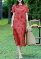 高級感紅色苧麻刺繡旗袍夏款年輕氣質高端日常改良連衣裙復古茶服