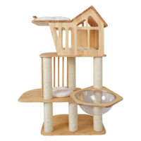 wooden Cat Activity Tree with Scratching Posts Wall Mounted Hammock