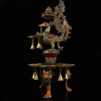 25"Tibet Temple Collection Old Bronze Outline in gold inlay Gem Phoenix Bestial foot oil lamp Candlestick Worship Hall Exorcism