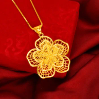 Pure 999 Gold Color Necklace Pendant for Women Real Solid Gold Color Hollow Large Rose Pendant Box Chain Fine Jewelry Gifts