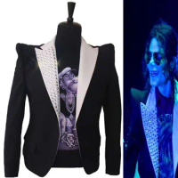 Rare Fashion MJ Michael Jackson Shrug Hunch Black Skinny Short Crystal This is it Suit Blazer Jacket
