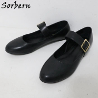 Sorbern Mary Jane Flat Women Shoes Round Toe Buckles Lolitas Girls Shoes Size 33-48 Plain Hard Soles Unisex Footwear