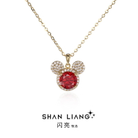 s925純銀紅色莫桑鉆米奇頭輕奢可愛小眾項鏈高級百搭設計毛衣鏈
