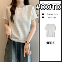 Herz-kaos bulat putih wanita t-shirt lengan pendek stripe korean atasan ootd cewek