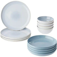 Corelle Stoneware 12-Pc Dinnerware Set Handcrafted Artisanal Double Bead Plates and Bowls Solid and Reactive Glazes