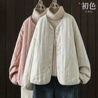 初色  純色復古休閒寬鬆輕薄保暖棉圓領長袖外套-共2色-32380(L-2XL可選)