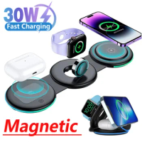 3 In 1 30W Magnetic Wireless Charger Stand Pad LED Fast Charging Station For IPhone 14 13 12 Pro Max Apple Watch 8 7 6 Airpods