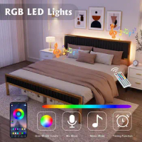 Black King Size Bed Frame with Headboard &amp; LED Lights Upholstered Platform Bed Frame For indoor bedroom furniture