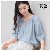 【初色】法式純色簡約收皺圓領五分袖燈籠袖寬鬆襯衫上衣女上衣-淺藍色-12368(M-2XL可選)