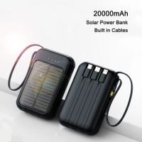 Solar Power Bank 20000mAh Built in 4 Cables Portable Solar Charging Powerbank for iPhone 15 Samsung Huawei Xiaomi Mini Poverbank