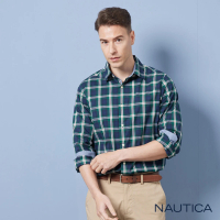 【NAUTICA】男裝 簡約休閒吸濕排汗格紋長袖襯衫(深藍)