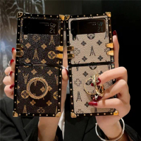 Luxury Geometric Pattern Cover For Samsung Galaxy Z Flip 3 Vintage Flower Square Leather Case for Samsung Galaxy Z Flip 5 Flip 4
