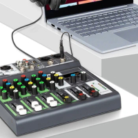 4 Channel Audio Mixer Input 48VPhantom Power Stereo DJ Studio Streaming Audio Mixer with Built-in Computer Sound Card