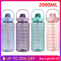 2 Litre Sports Water Bottle Large Capacity Plastic Drinking Cups with Time Marker Straw Motivational Water Bottle for Kids Girls